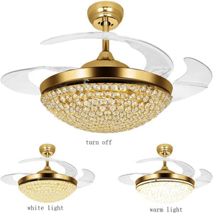 42 Inch Invisible Reversible Ceiling Fan with LED Lights and Remote Control, 4 Retractable Blades Fan Chandelier for Bedroom, Indoor Crystal Ceiling Light Kits with Fans (Gold)