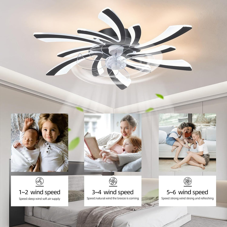 Ceiling Fan with Lights and Remote Control, Low Profile 31'' Ceiling Fan,3 Colors LED Light Dimmable Design,6 Wind Speeds, Timer Function and Stylish for Bedroom, Living Room, Kitchen (Black)