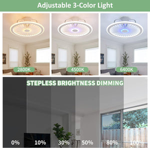 Modern Ceiling Fan with Lights Remote 48W RGB Light 18Inch 3 Color LED Dimming 3 Speed Wind 1/2H Smart Timing Bladeless Ceiling Fan Low Profile Bladeless Fan Light Flush Mount for Bedroom