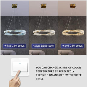 Modern Crystal Chandeliers 3 Colors Adjustable Height Remote K9 Crystal Ceiling Lighting Fixture DIY 1/2 Rings Pendant Light Fixture for Bedroom Living Room Dining Room Kitchen Entryway