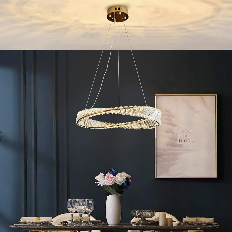 Modern Crystal Chandeliers 3 Colors Adjustable Height Remote K9 Crystal Ceiling Lighting Fixture DIY 1/2 Rings Pendant Light Fixture for Bedroom Living Room Dining Room Kitchen Entryway