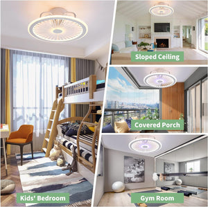 Modern Ceiling Fan with Lights Remote 48W RGB Light 18Inch 3 Color LED Dimming 3 Speed Wind 1/2H Smart Timing Bladeless Ceiling Fan Low Profile Bladeless Fan Light Flush Mount for Bedroom