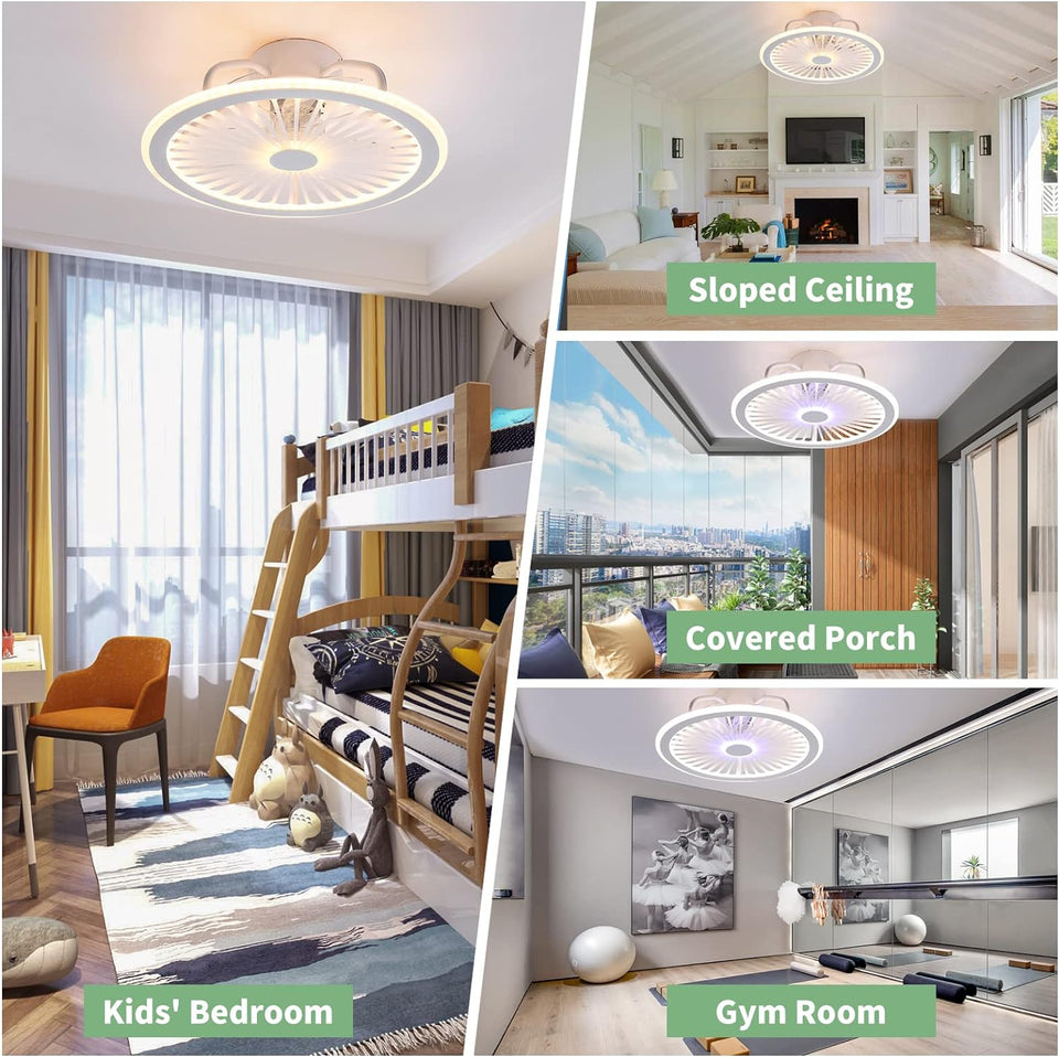 Modern Ceiling Fan with Lights Remote 48W RGB Light 18Inch 3 Color LED Dimming 3 Speed Wind 1/2H Smart Timing Bladeless Ceiling Fan Low Profile Bladeless Fan Light Flush Mount for Bedroom