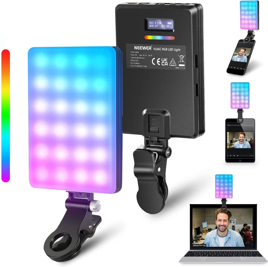 RGB LED Light for Phone with Phone Holder & Light Clip, Dimmable CRI 97+ 3 Modes Phone Light, Built in 2000Mah Battery for Tablet/Laptop/Video Conference/Tiktok/Selfie/Vlog/Live Stream, VL66C