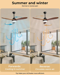 52'' Ceiling Fan DC Motor LED Light Remote Control 1300Mm 5 Speed Walnut Wood Blade Reversible Airflow for Summer Winter 3 Lighting Mode Brown