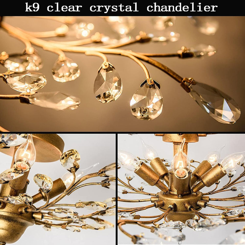 Crystal Chandeliers Lighting, Vintage K9 Clear Ceiling Lighting, 5-Light Pendant Light Fixture Flush Mounted Ceiling Lamp for Kitchen Living Room Dinning Room Restaurant Porch Hallway (Gold)