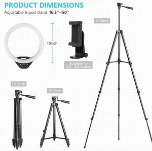 10'' Ring Light with 50'' Extendable Tripod Stand, LED Circle Lights with Phone Holder for Live Stream/Makeup/Youtube Video/Tiktok, Compatible with All Phones