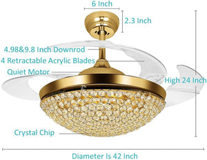 42 Inch Invisible Reversible Ceiling Fan with LED Lights and Remote Control, 4 Retractable Blades Fan Chandelier for Bedroom, Indoor Crystal Ceiling Light Kits with Fans (Gold)