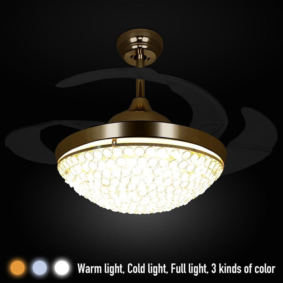 42 Inch Invisible Reversible Ceiling Fan with LED Lights and Remote Control, 4 Retractable Blades Fan Chandelier for Bedroom, Indoor Crystal Ceiling Light Kits with Fans (Gold)