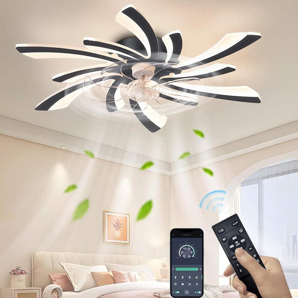 Ceiling Fan with Lights and Remote Control, Low Profile 31'' Ceiling Fan,3 Colors LED Light Dimmable Design,6 Wind Speeds, Timer Function and Stylish for Bedroom, Living Room, Kitchen (Black)