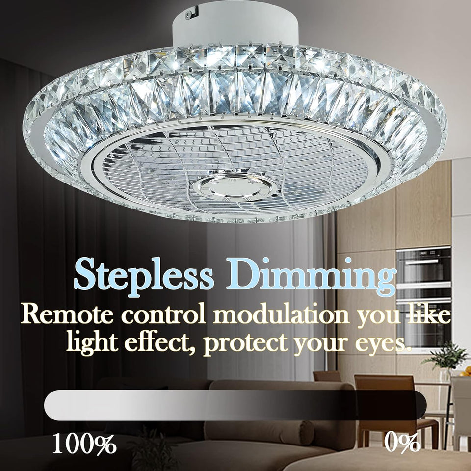 50Cm Crystal Enclosed Ceiling Fan with Lights,Flush Mount Smart Timing Bladeless Ceiling Fan,Dimming Modern Low Profile Ceiling Fans with Remote 3 Colors 3 Speeds,For Bedroom Kitchen.