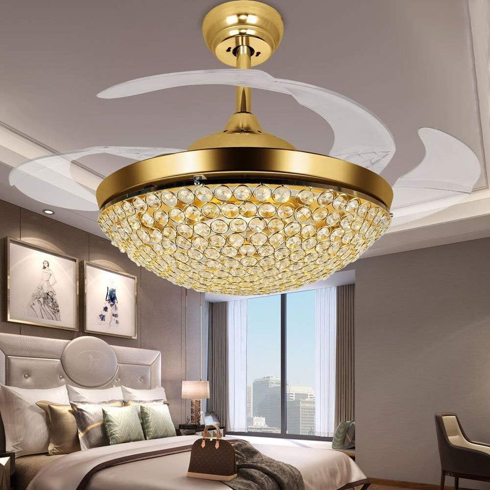 42 Inch Invisible Reversible Ceiling Fan with LED Lights and Remote Control, 4 Retractable Blades Fan Chandelier for Bedroom, Indoor Crystal Ceiling Light Kits with Fans (Gold)