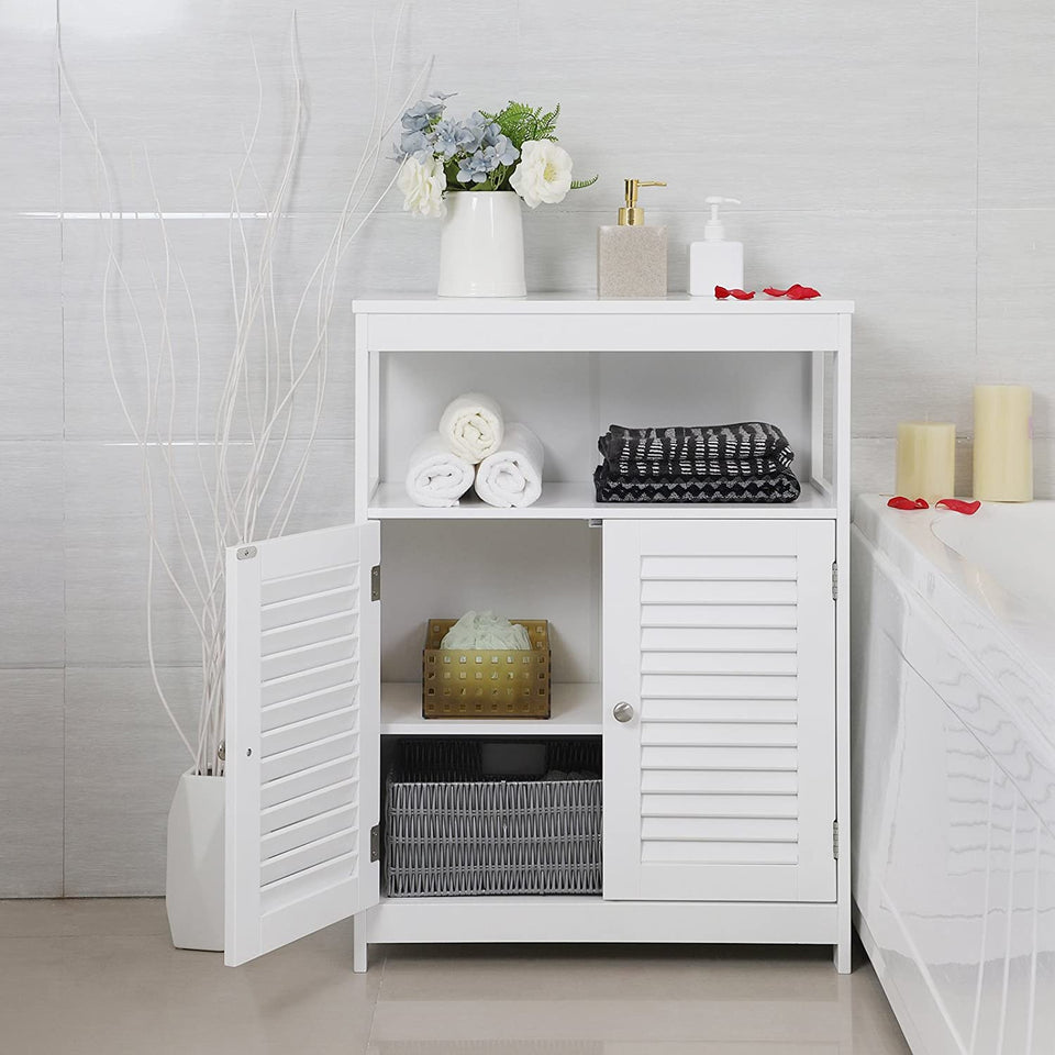 Wooden Bathroom Floor Cabinet Storage Organiser Rack, Kitchen Cupboard Free Standing, with Double Shutter Doors, White BBC40WT