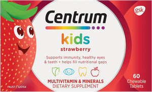 Kids Multivitamin Strawberry Flavour, with Vitamins to Support Immunity, Healthy Eyes, Teeth & Gums, 60 Chewable Tablets