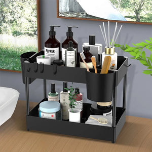 Under Sink Storage Organizer, Multi-Purpose 2-Tier Bathroom Kitchen Organizer Shelf, under Cabinet Shelves with Hooks Hanging Cups