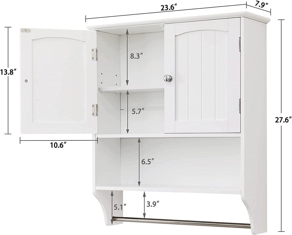 Wall Bathroom Cabinet with 2 Shelf & Towels Bar, Medicine Cabinet with 2 Doors for Bathroom, Wall Mount Bathroom Cabinet, over the Toilet Space Saver Storage Cabinet, White