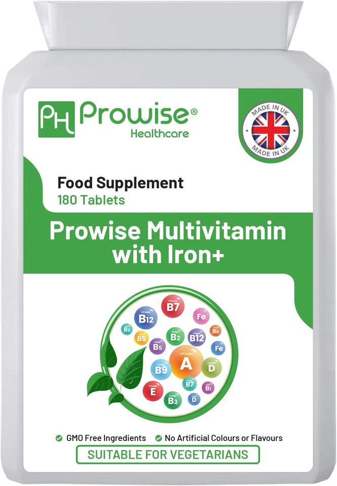 Multivitamin & Iron 180 Tablets (6 Months Dose) Immune Support - One a Day Multi-Vitamin Supplement – UK Manufactured | GMP Standards by Prowise Healthcare - Suitable for Vegetarians