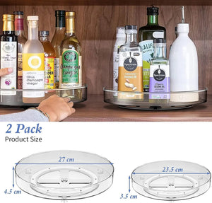 2 Pack Lazy Susan Turntable Cupboard Organizer (27+23,5Cm), Rotatable Spice Rack Fridge, Clear Cupboard Condiment Spinning Tray, Multi-Functional Spice Rack for Kitchen Storage