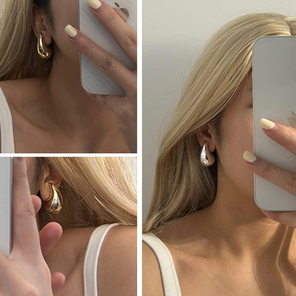 2 Pair Teardrop Earrings Dupes for Women Gold/Silver Chunky Hoop Earring Dangle Water Drop Hypoallergenic Earring Set for Women Girls