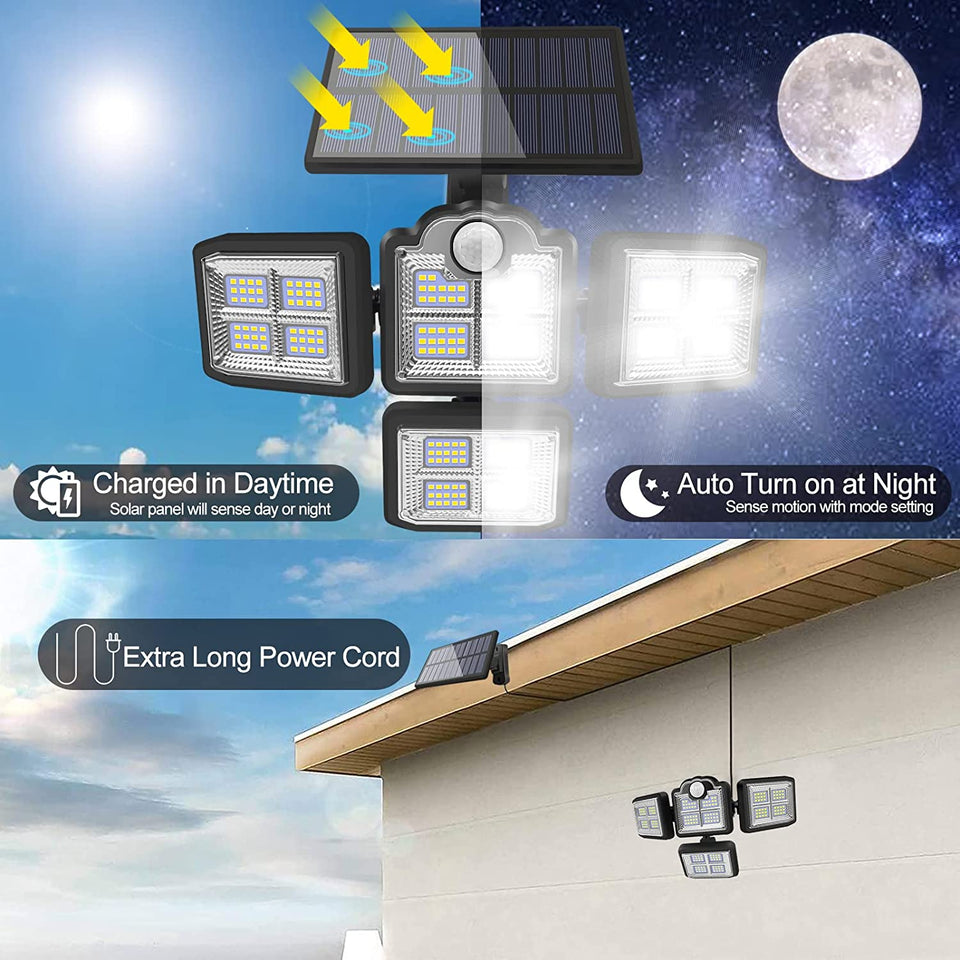 Solar Lights Outdoor, Motion Sensor Security Lights, Separate Solar Panel, 4 Adjustable Head, 198 LED 300° Wide Angle, Waterproof Wall Lights for Porch Yard Garage Pathway