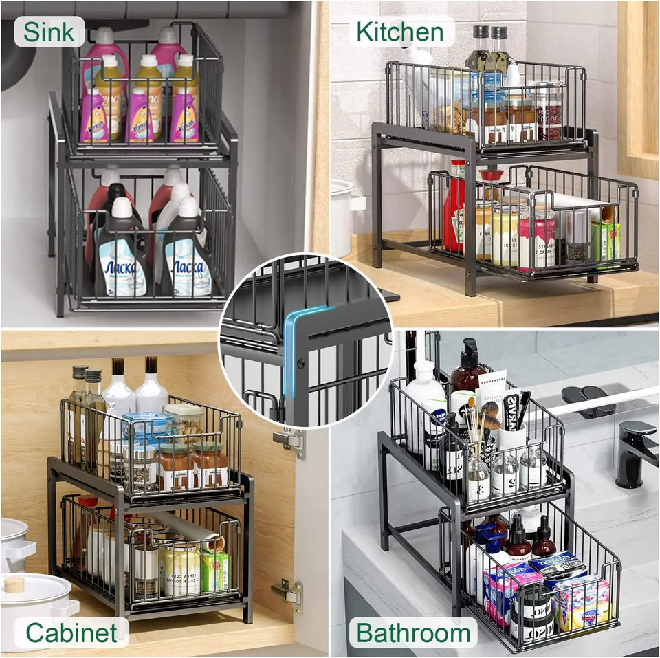 2 Tier under Sink Organizer with Sliding Pull Out Drawer,Multi-Purpose under Sink Shelf Storage Rack for Bathroom Kitchen Black