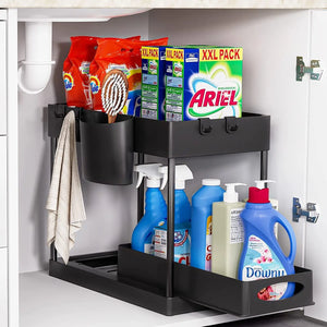 Kitchen Storage & Organisation, under Sink Storage, 2 Tier Cupboard Organizer Pantry Organisation with 2 Cups and 4 Hanging Hooks (Bottom Tier Sliding Drawer, Top Tier Non-Sliding)