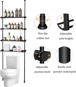 Adjustable over the Toilet Storage Floor to Ceiling, Freestanding Bathroom Organizer over Toilet Shelf with Tension Poles, 4 Tier Metal Rack (Black)