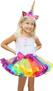 Girls Layered Rainbow Tutu Skirt with Unicorn Horn Headband Outfits for Birthday Party Dress Up
