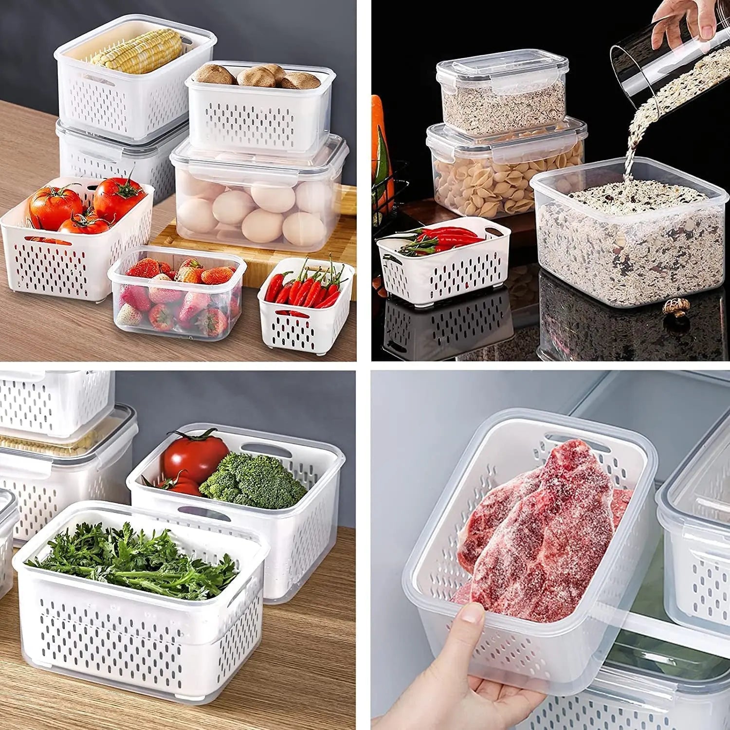 Fruit Containers for Fridge - Leakproof Food Storage Containers with  Removable Colander - Dishwasher & microwave safe Produce Containers Keep  Fruits, Vegetables, Berry, Meat Fresh longer 