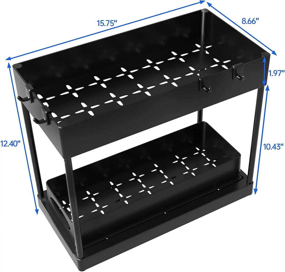 Kitchen Storage & Organisation, under Sink Storage, 2 Tier Cupboard Organizer Pantry Organisation with 2 Cups and 4 Hanging Hooks (Bottom Tier Sliding Drawer, Top Tier Non-Sliding)