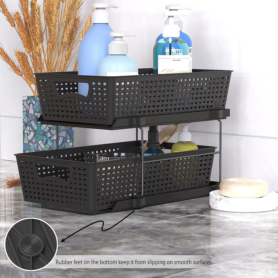 Simplehouseware 2 Tier Bathroom Organizer Tray Pull-Out Sliding Drawer/Under-Sink Storage, Black