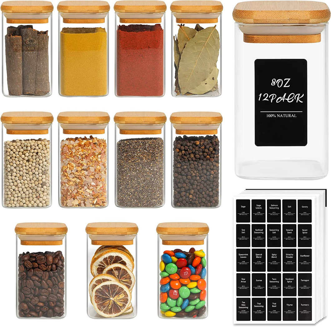 12Pcs Glass Spice Jars with Bamboo Lid, 8Oz Airtight Square Spice Containers with 275 Black Lables, Empty Seasoning Jars for Spice Salt Sugar