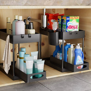 Kitchen Storage & Organisation, under Sink Storage, 2 Tier Cupboard Organizer Pantry Organisation with 2 Cups and 4 Hanging Hooks (Bottom Tier Sliding Drawer, Top Tier Non-Sliding)