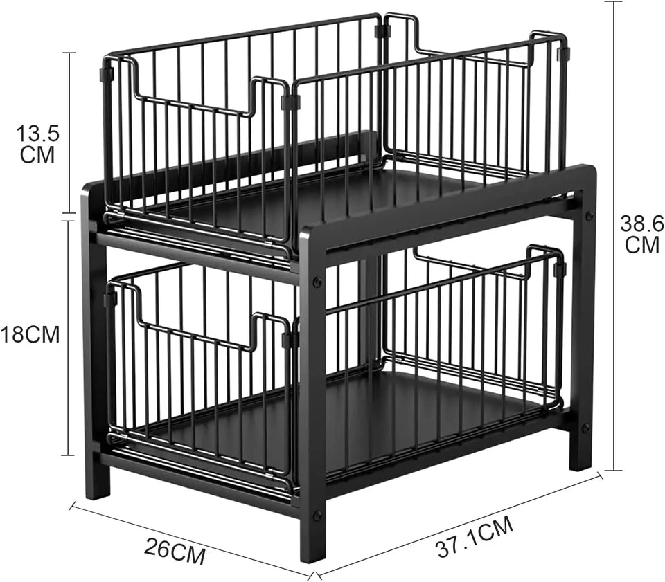 2 Tier under Sink Organizer with Sliding Pull Out Drawer,Multi-Purpose under Sink Shelf Storage Rack for Bathroom Kitchen Black