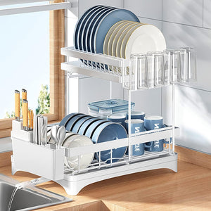 Dish Drying Rack, 2 Tier Dish Rack with Drainboard for Kitchen Counter, Multi-Functional Metal Storage Rack Detachable Dish Rack Organizer with Utensil Holder for Bowl, Cups, Cutting Board (White)