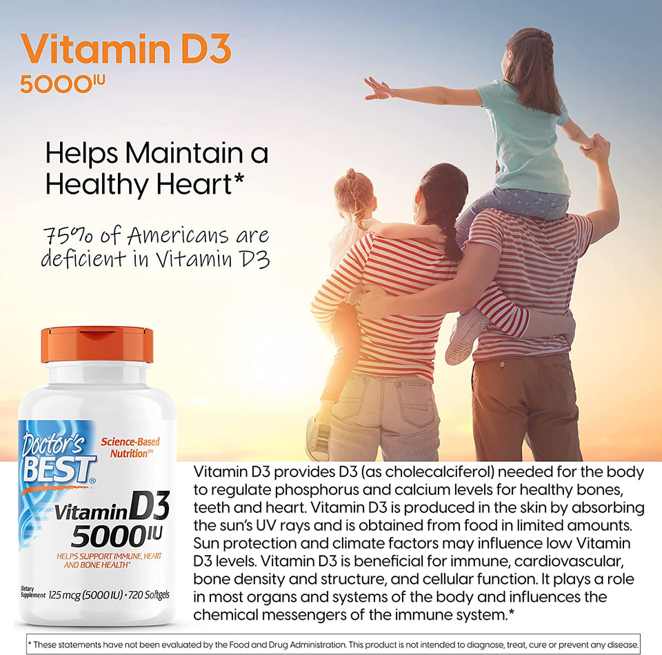 Vitamin D3 5000IU, Non-Gmo, Gluten Free, Soy Free, Regulates Immune Function, Supports Healthy Bones, 720 Softgels