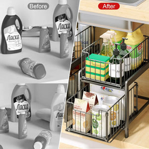 2 Tier under Sink Organizer with Sliding Pull Out Drawer,Multi-Purpose under Sink Shelf Storage Rack for Bathroom Kitchen Black