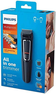 Multigroom Series 3000 8-In-1 Face and Hair Cordless Trimmer with 8 Tools, Rinseable Attachments and Upto 60 Min Run Time, Black, MG3730/15