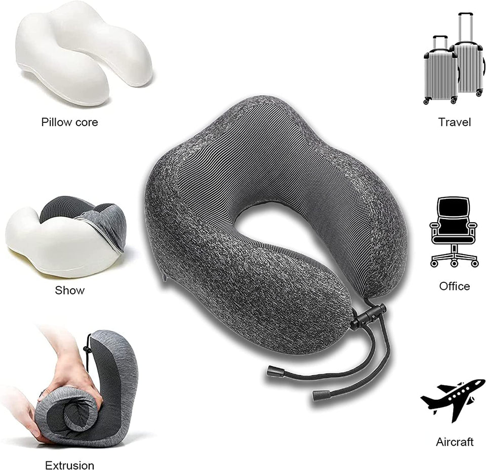 Travel Pillow Neck Support,Memory Foam Neck Pillows for Travel Airplane, 360-Degree Head Support,Travel Kit with 3D Contoured Eye Masks,Earplugs.