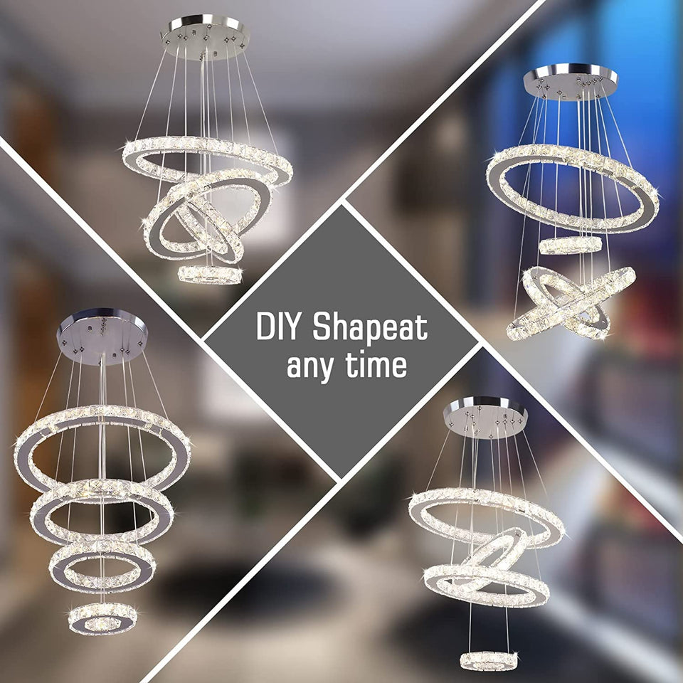 LED Modern Crystal Chandeliers 3 Colors Dimmable Remote K9 Crystal Flush Mount Ceiling Light Fixture 4 Rings Pendant Light Fixture for Bedroom Living Room Dining Room Kitchen Entryway