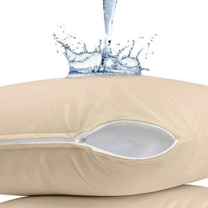 Waterproof Pillow Protector Zippered (2 Pack) Queen Beige – Bed Bug Proof Pillow Encasement 20 X 28 Inches