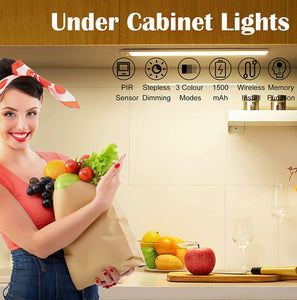 3 Pack  Motion Sensor under Cabinet Lights, 3 Colors Dimmable Wireless Closet Lighting, 1100Mah Rechargeable Magnetic under Counter Night Lights for Kitchen Bedroom Cupboard Indoor(20Cm)