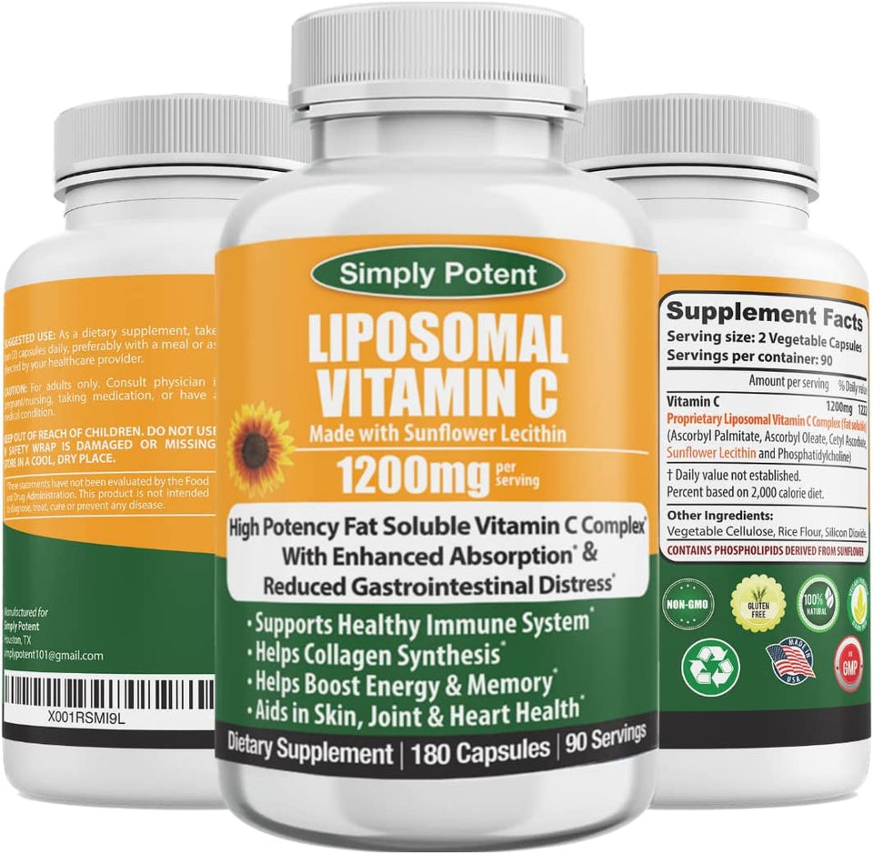 Liposomal Vitamin C 1200Mg, 180 Vit C Capsules, Stronger Supplement than Liposomal Vitamin C 1000Mg or Vitamin C 500Mg, High Dose Ascorbic Acid Vitamin C Antioxidant for Collagen Immune Support Heart