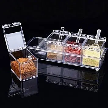 Clear Seasoning Rack Spice Pots by AIQI - 4 Piece Acrylic Seasoning Box - Storage Container Condiment Jars - Cruet with Cover and Spoon pattanaustralia