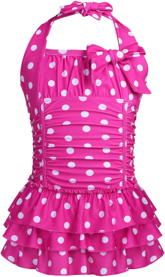 Girls Kids Bathing Suits Polka Dot Adjustable Halter Beach Sport One Piece Swimsuit Swimwear