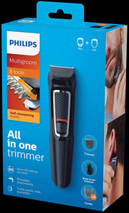 Multigroom Series 3000 8-In-1 Face and Hair Cordless Trimmer with 8 Tools, Rinseable Attachments and Upto 60 Min Run Time, Black, MG3730/15