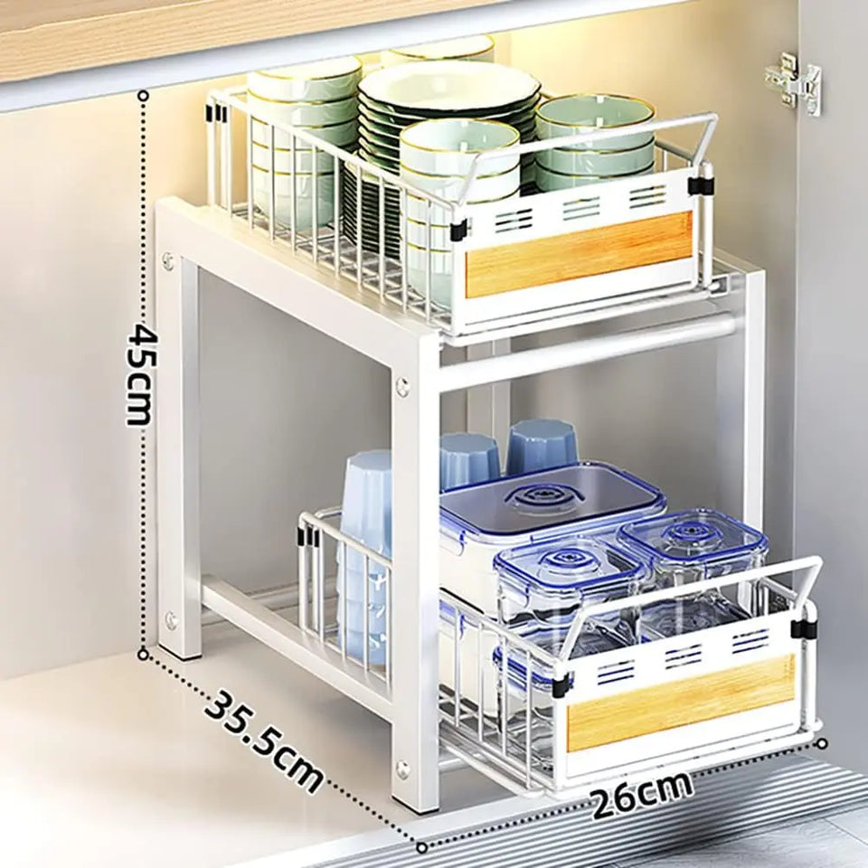 2 Tier under Sink Organizers and Storage, Metal Pull Out under Sink Storage Rack, Multi-Purpose under Sink Cabinet Organizers with Sliding Storage Drawer for Kitchen, Bathroom, Office Countertop (White)