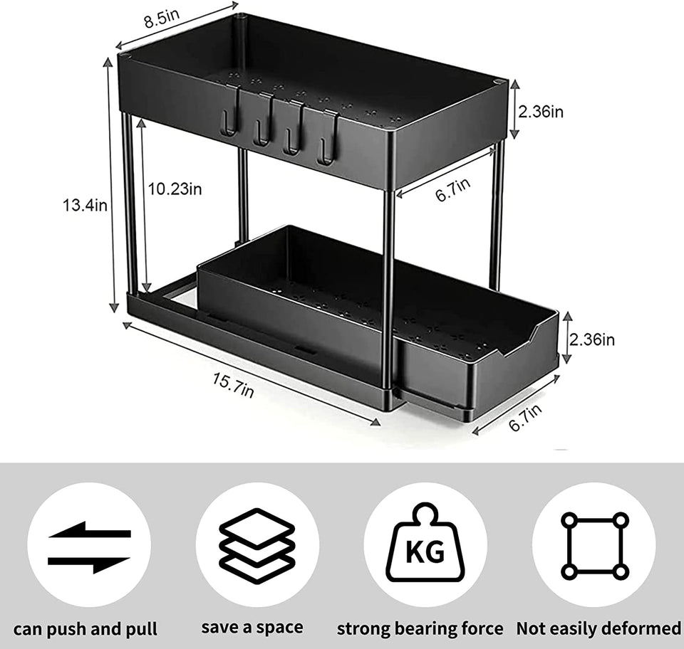 Under Sink Organizer, 2-Tier Sliding Storage Drawer Basket Organizer for Kitchen Bathroom with 4 Hooks 2 Hanging Cups Multi-Purpose Pantry Organization and Storage Black