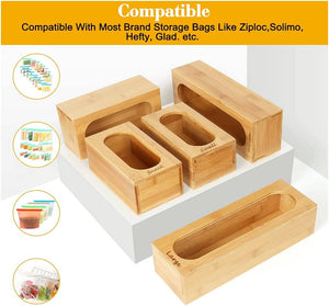 Food Storage Bag Organiser, 5Pack Bamboo Plastic Zip Lock Bags Dispenser Holder for Kitchen Drawer Pantry, Compatible with Gallon, Quart, Sandwich, Snack, Candy Variety Size Bag