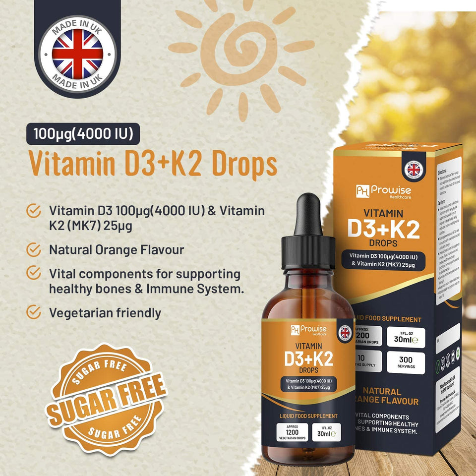 Vitamin D3 4000Iu + K2 MK7 25Μg I Orange Liquid Drops I High Strength 4000Iu D3 + 25Μg K2-30Ml Bottle I Fast Absorption I 1200 Vegetarian Drops - Made in UK by Prowise Healthcare